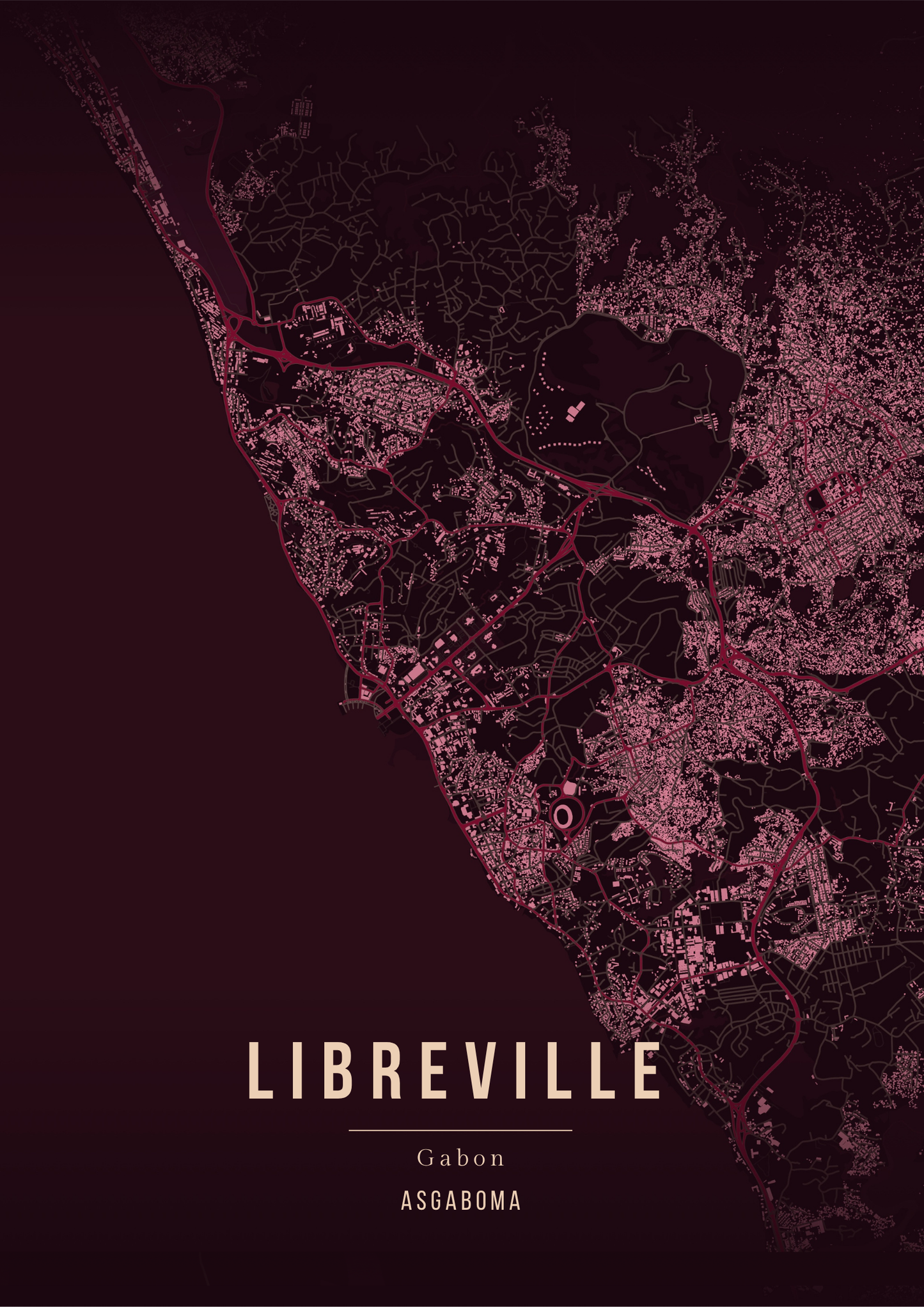 Affiche carte ville du Gabon | Format A3 - couleur ruby