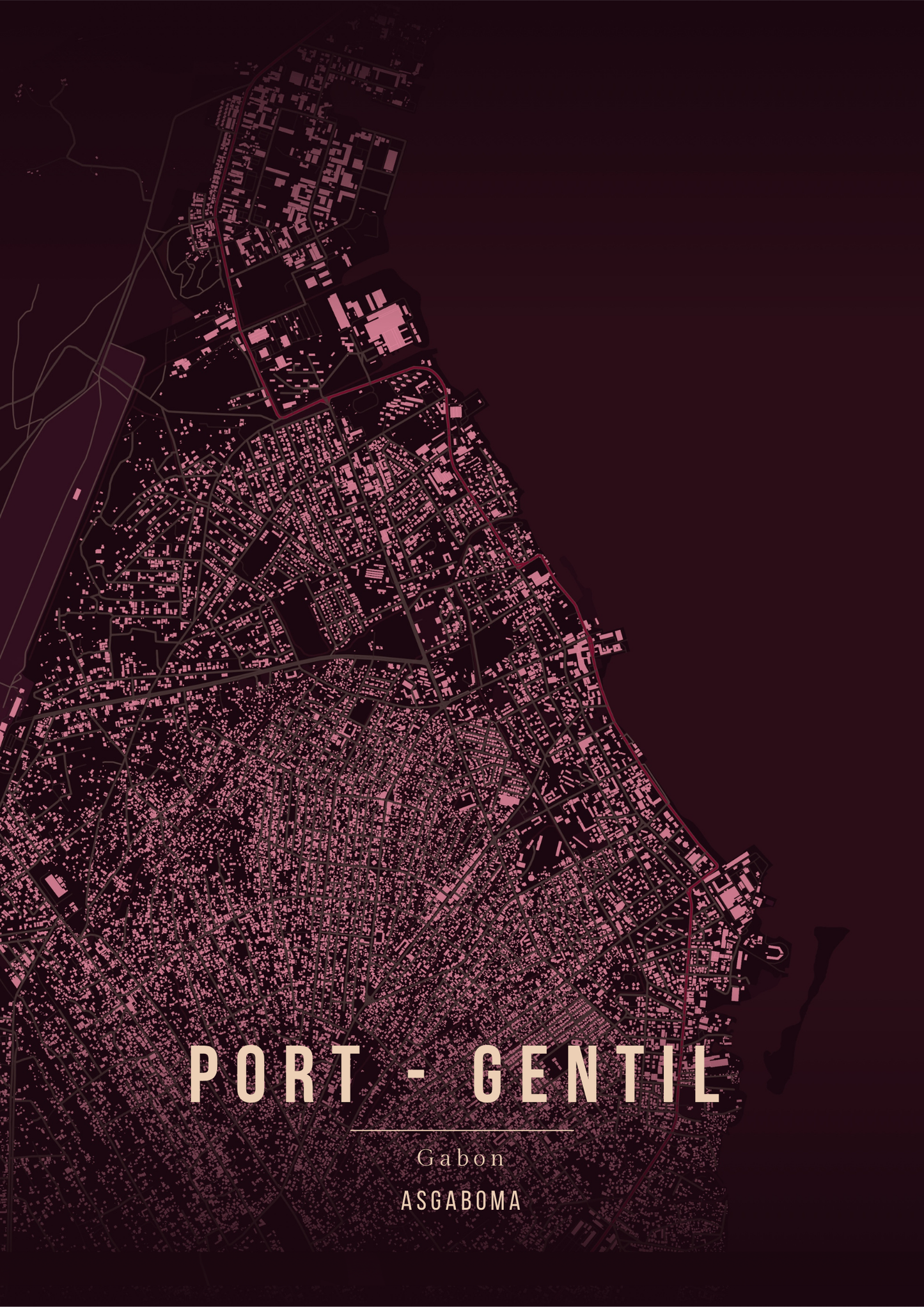 Affiche carte ville du Gabon | Format A3 - couleur ruby