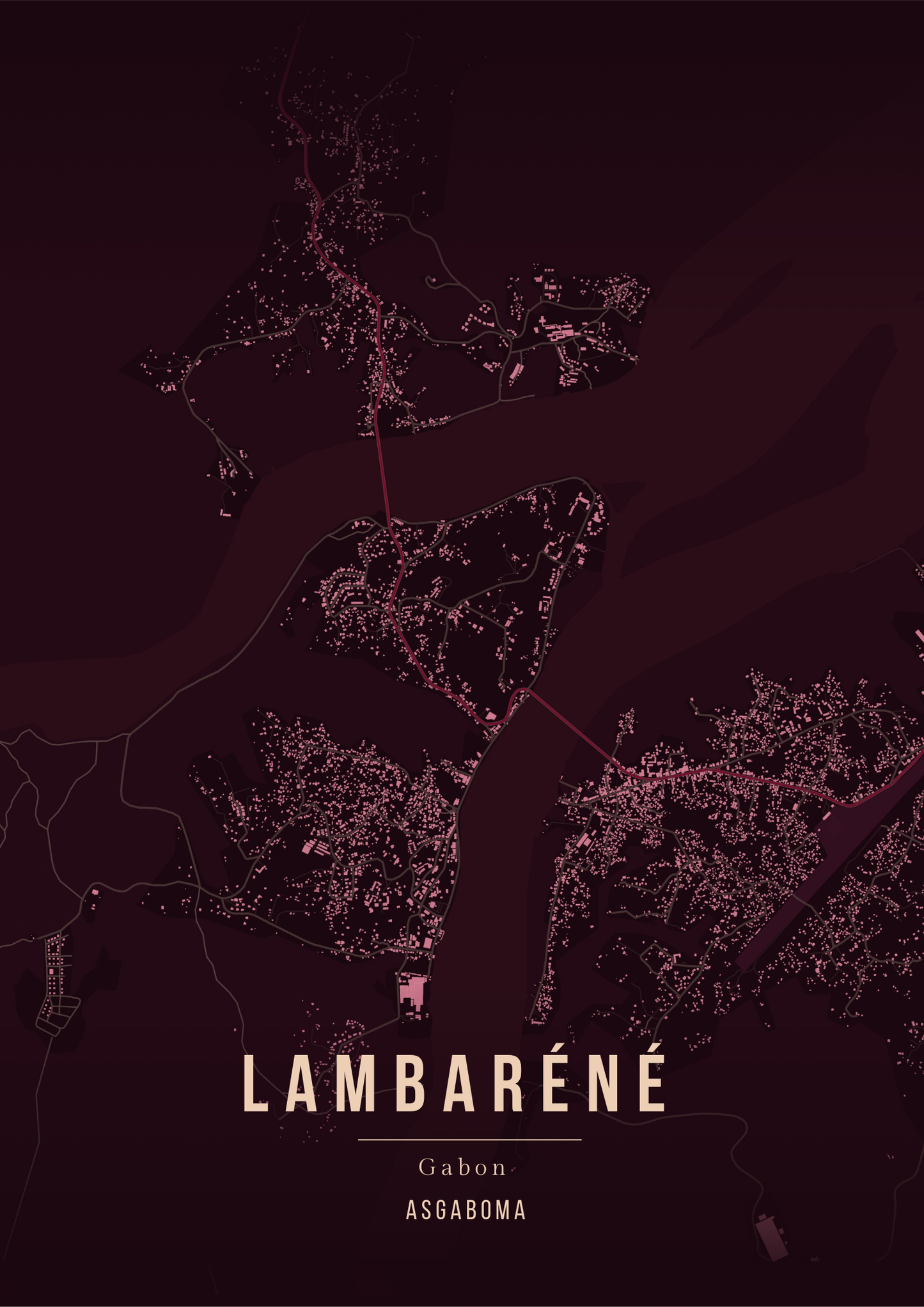 Affiche carte ville du Gabon | Format A3 - couleur ruby